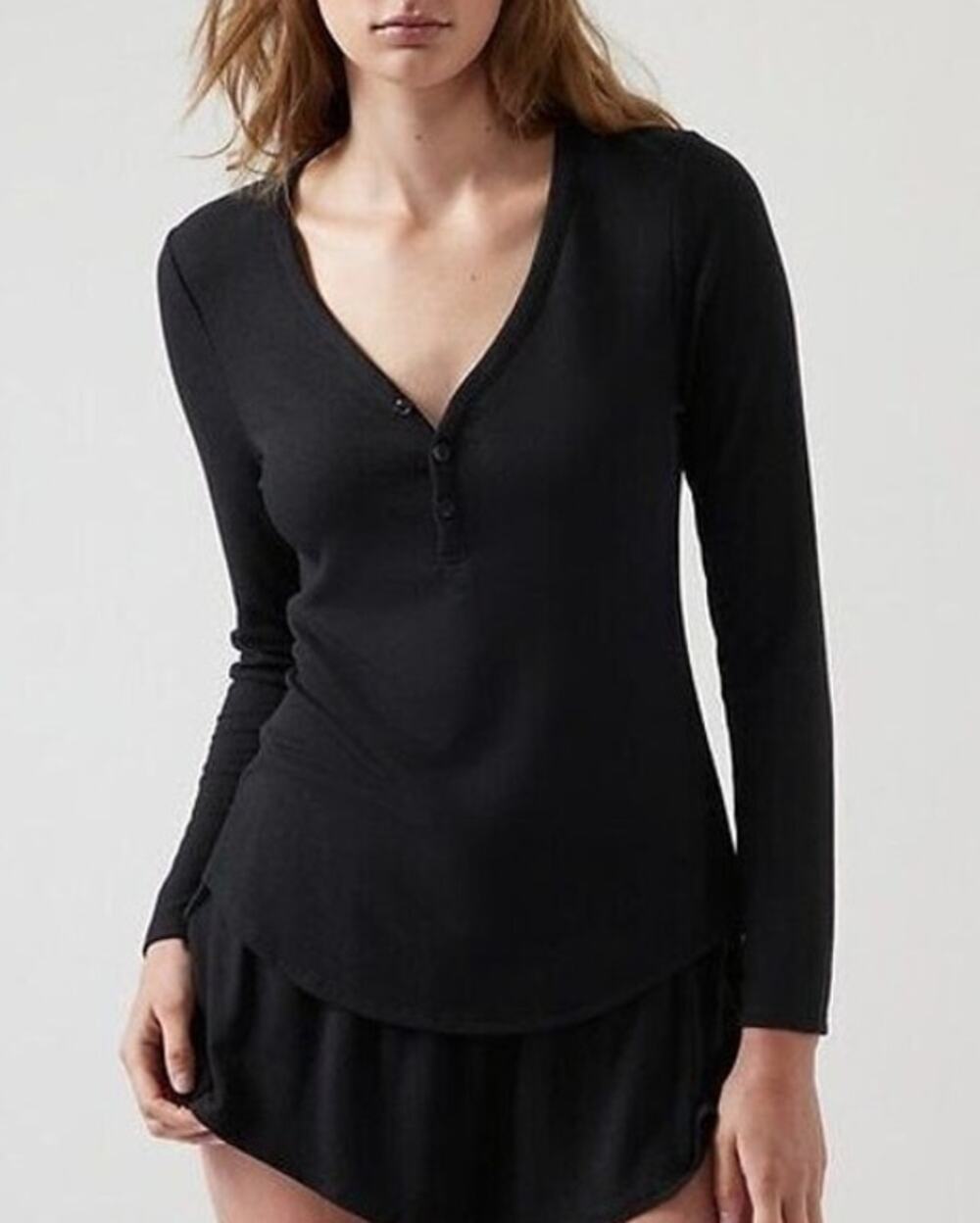 NWT Athleta Wind Down Waffle Knit Henley Top Size M Black Lounge Pajama Comfort